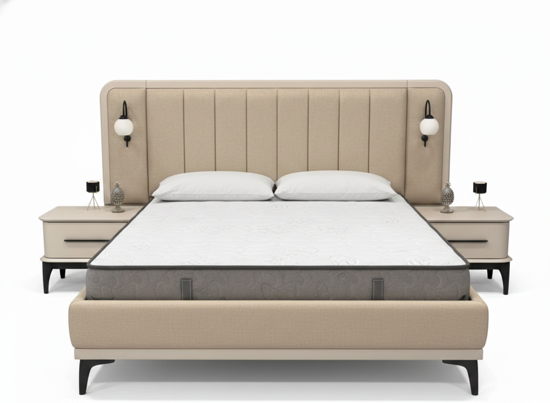 The Lunar Bed Fully Upholstered with Side Tables
