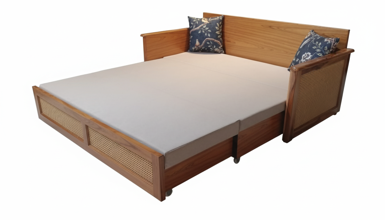 The Trio Cane wooden Sofa Cum Bed,Lounger 3 seater