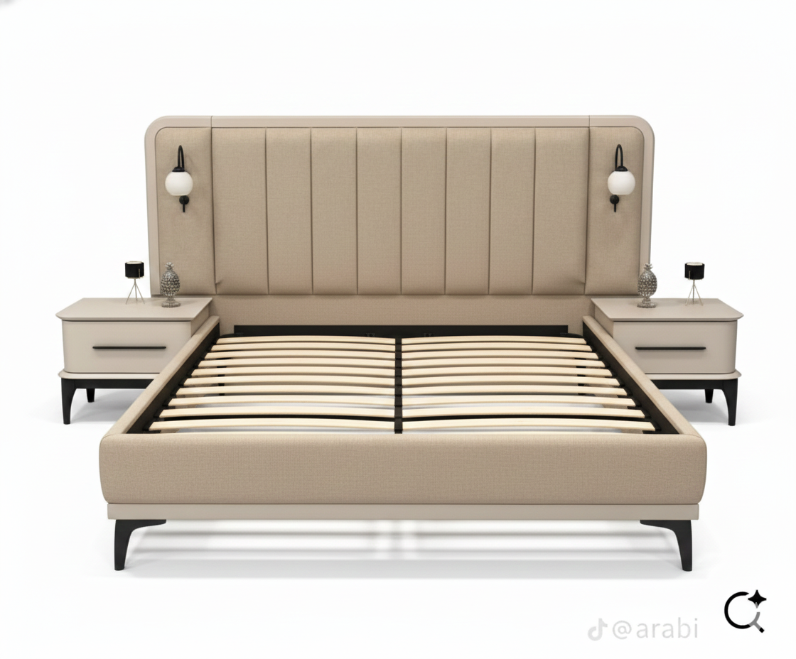 The Lunar Bed Fully Upholstered with Side Tables