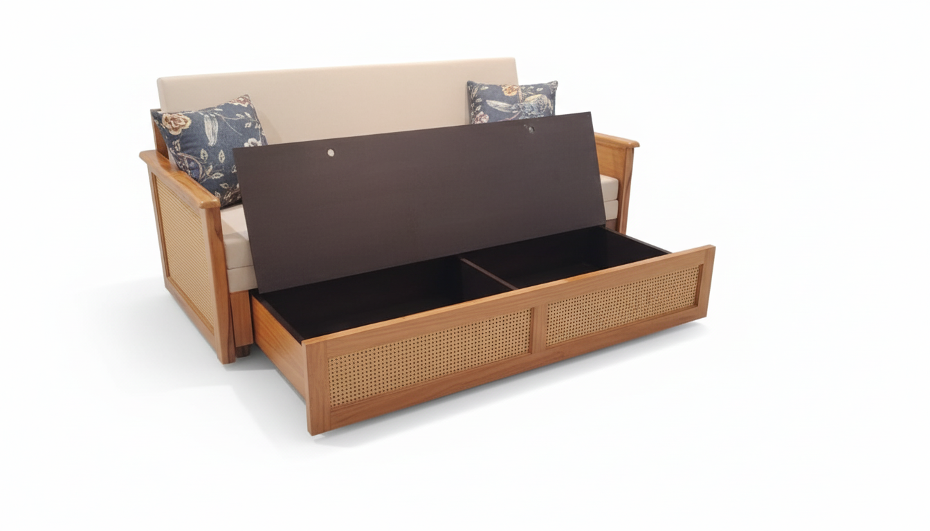 The Trio Cane wooden Sofa Cum Bed,Lounger 3 seater