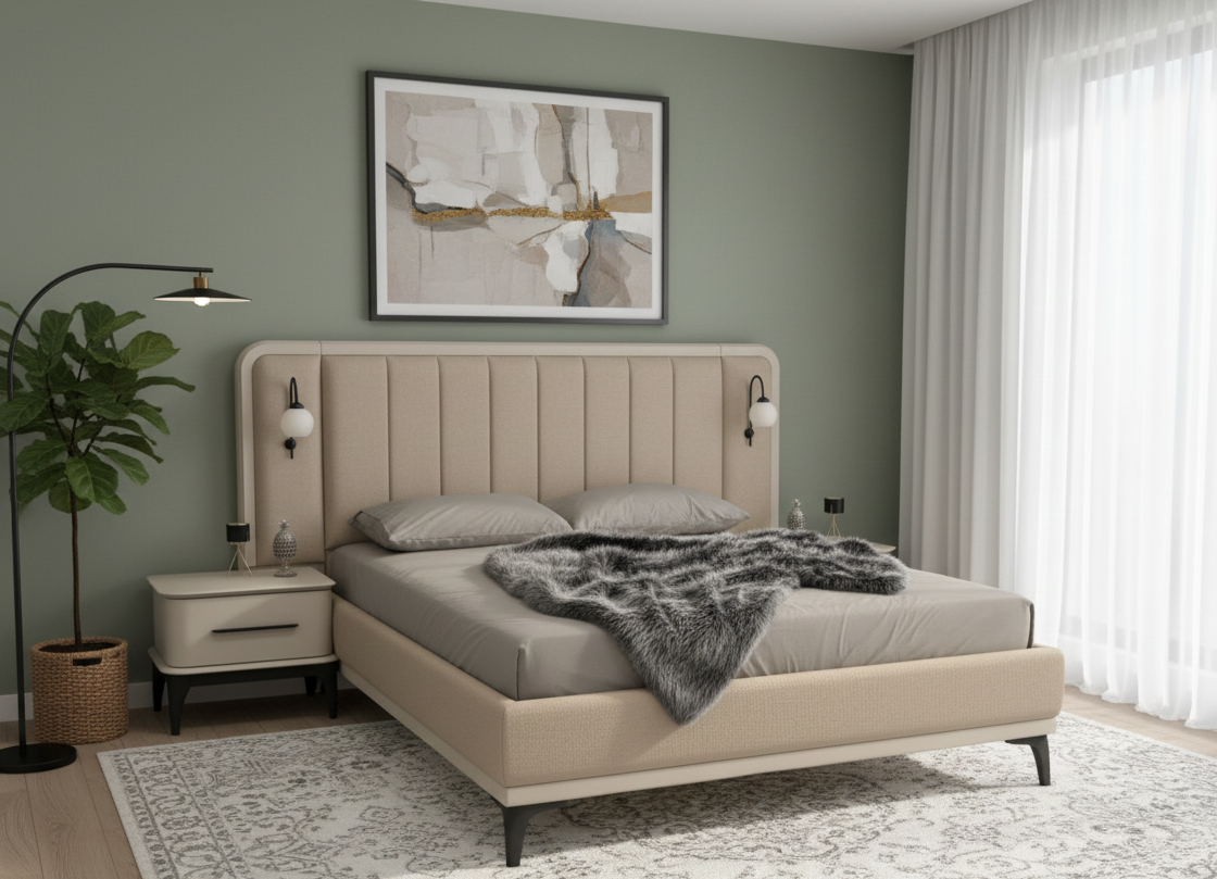 The Lunar Bed Fully Upholstered with Side Tables