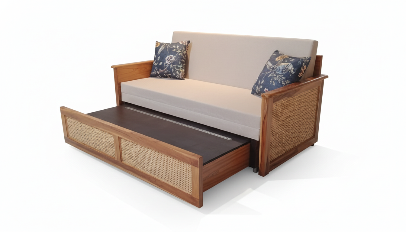 The Trio Cane wooden Sofa Cum Bed,Lounger 3 seater