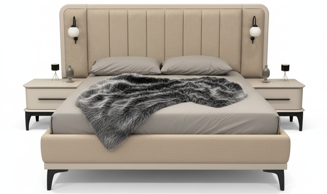 The Lunar Bed Fully Upholstered with Side Tables