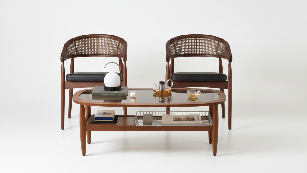 Wegner Teak Wood Arm Chair with Cane ( Charcoal grey , Walnut Finish)